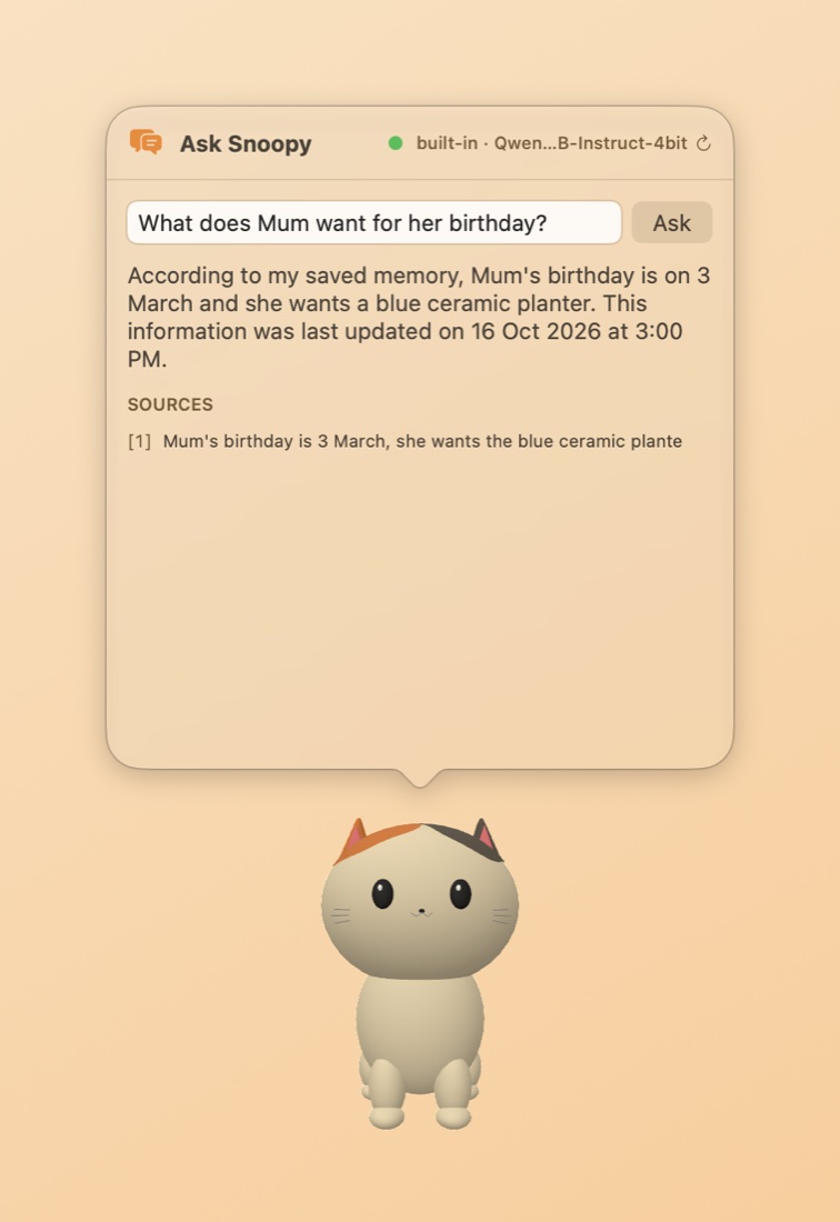 Ask Snoopy answering a question with one cited source