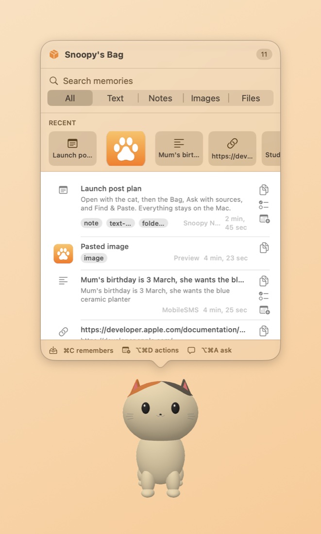 Snoopy's Bag listing saved clips, notes and an image