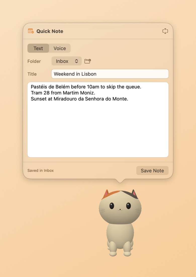 Quick Note panel with a short packing list